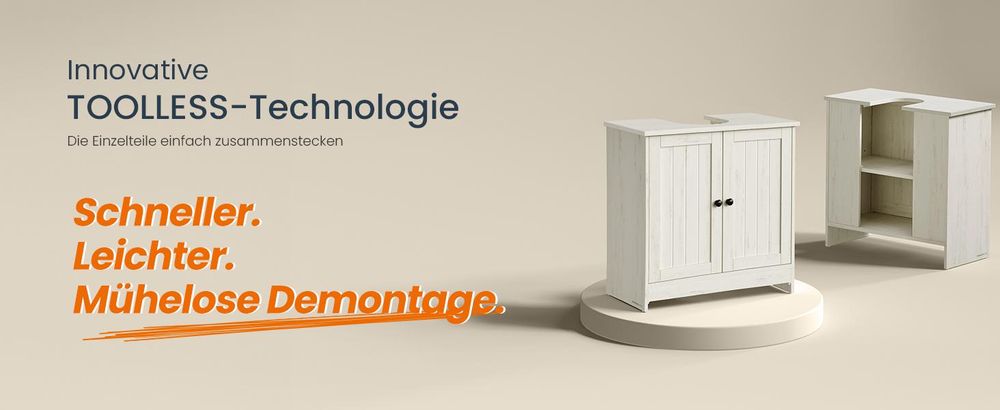 Waschbeckenunterschrank, Toolless-Technologie, superschnelle werkzeuglose Montage, für Waschbecken ohne Säule, weiß
