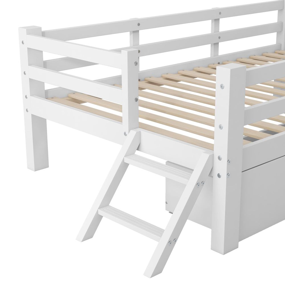 Merax Kinderbett Plattformbett 90x200cm, mit Schutzgeländer, 2 Schubladen, kleiner Leiter, Kinderbett aus Kiefernholz, Jugendbett, Holzbett, Weiß