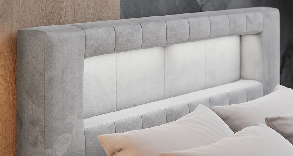 Vergrößern Sie das Kopfteil des Boxspringbettes, das Foto zeigt grau Stoff