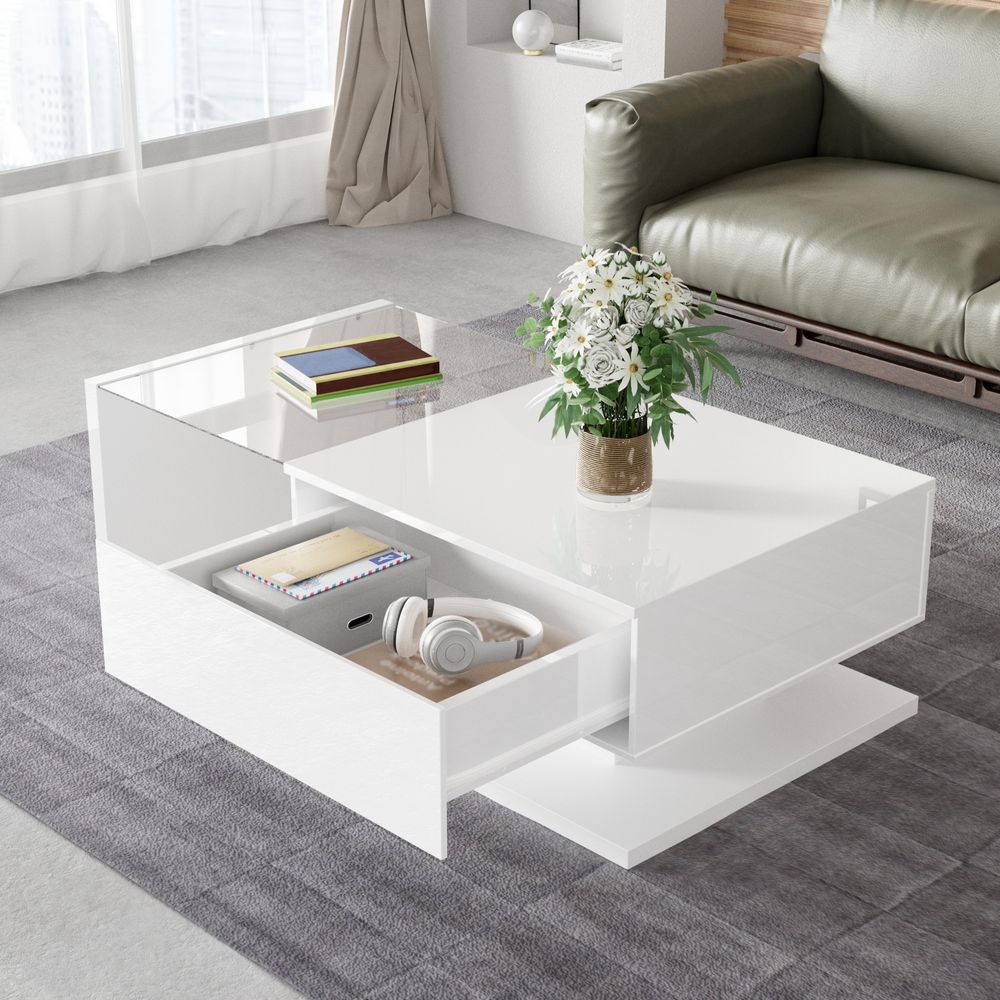 okwish Couchtisch Hochglanz Rechteckig, LED-Beistelltisch für Schlafzimmer, Wohnzimmertische mitGlas fürs Wohnzimmer, Beistelltisch mit 1 Schublade, Weiß