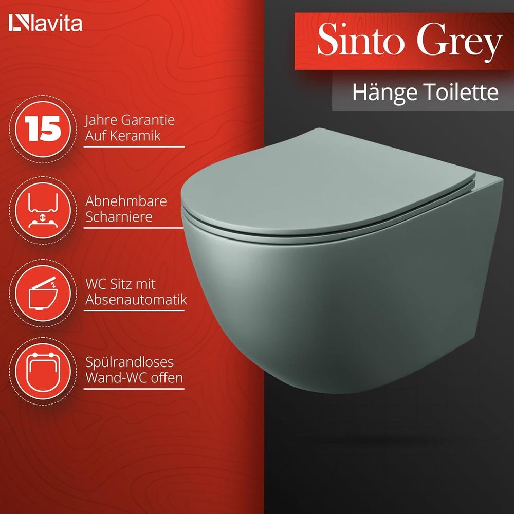 LAVITA Wand-WC Sinto Grey | HŠnge Toilette | Toilettendeckel mit Absenkautomatik & Metallscharniere | Toiletten SpŸlrandlos HŠngend | Toilettenbecken | 365x490x395 cm | Grau