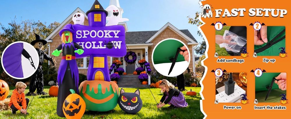 Halloween Aufblasbar Deko Outdoor 2,5M Terrible Geist mit LED-Lichtern, Totenkopf-Katze und Kürbis für Innen Außen Garten Party