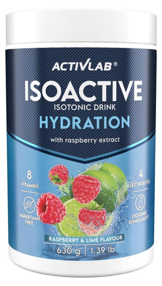Activlab Isoactive – izotoniczny napój w proszku o smaku malinowo-limonkowym, 630 g – elektrolity, magnez, potas, witaminy z grupy B, nawodnienie, sport