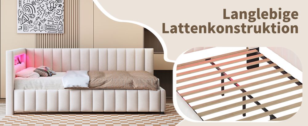 okwish Schlafsofa Polsterbett 140x200, Gepolstertes aus Samtstoff mit LED-Licht und USB-Ladeanschluss, mit Rückenlehne und Kopfteil,Beige(Mit Matratze)