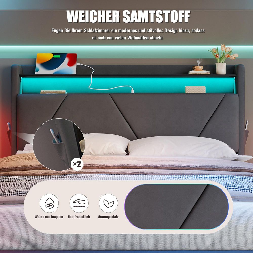 STILVORA Doppelbett 140x200 Polsterbett mit USB Type-C-Ladefunktion,Kopfteil mit LED und Ablageflächen,Jugendbett mit Bettkasten,Grau-Ohne Matratze