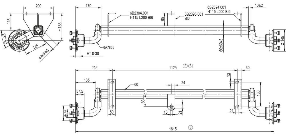 KNOTT ungebremste Achse 750 kg, 1125 mm Auflage, für leichte PKW-Anhänger