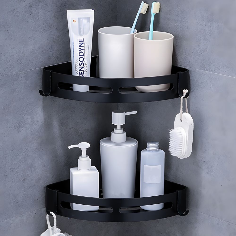 Retoo Duschregal ohne Bohrung mit Montagestoff, Duschablage Ecke Ohne Bohren, Dreieck Badregal aus Aluminium mit Haken, Badezimmer Regal 2 Stück Set