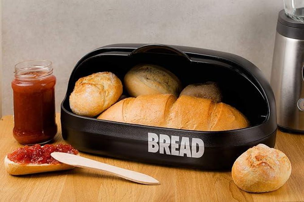 KADAX Brotkasten aus Kunststoff "Belfi", Brotbehälter, Brotbox mit Frontklappe, Rollbrotkasten, 37 cm, Schwarz