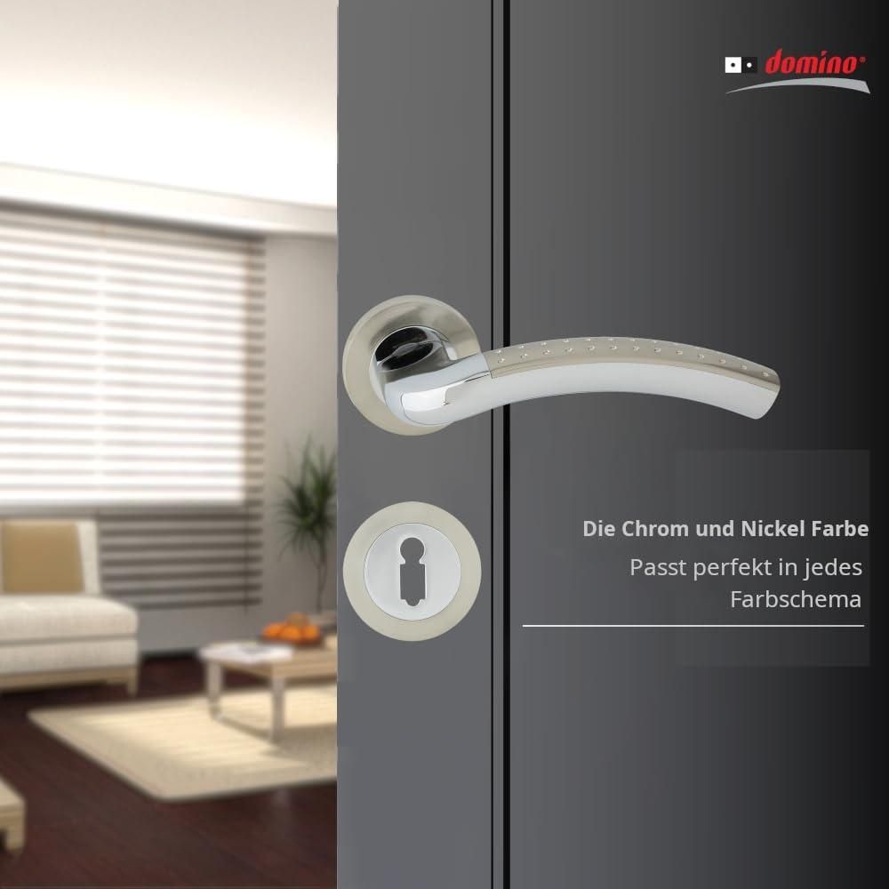 DOMINO Türgriff Drückergarnitur BB-Buntbart Set | Rund BB Rosette | Türklinke für Zimmertür, Bürotür, Kellertür & Innentür | Türbeschläge aus Aluminium | Chrom/Nickel Türdrückergarnitur | SHARON-R M6/M9
