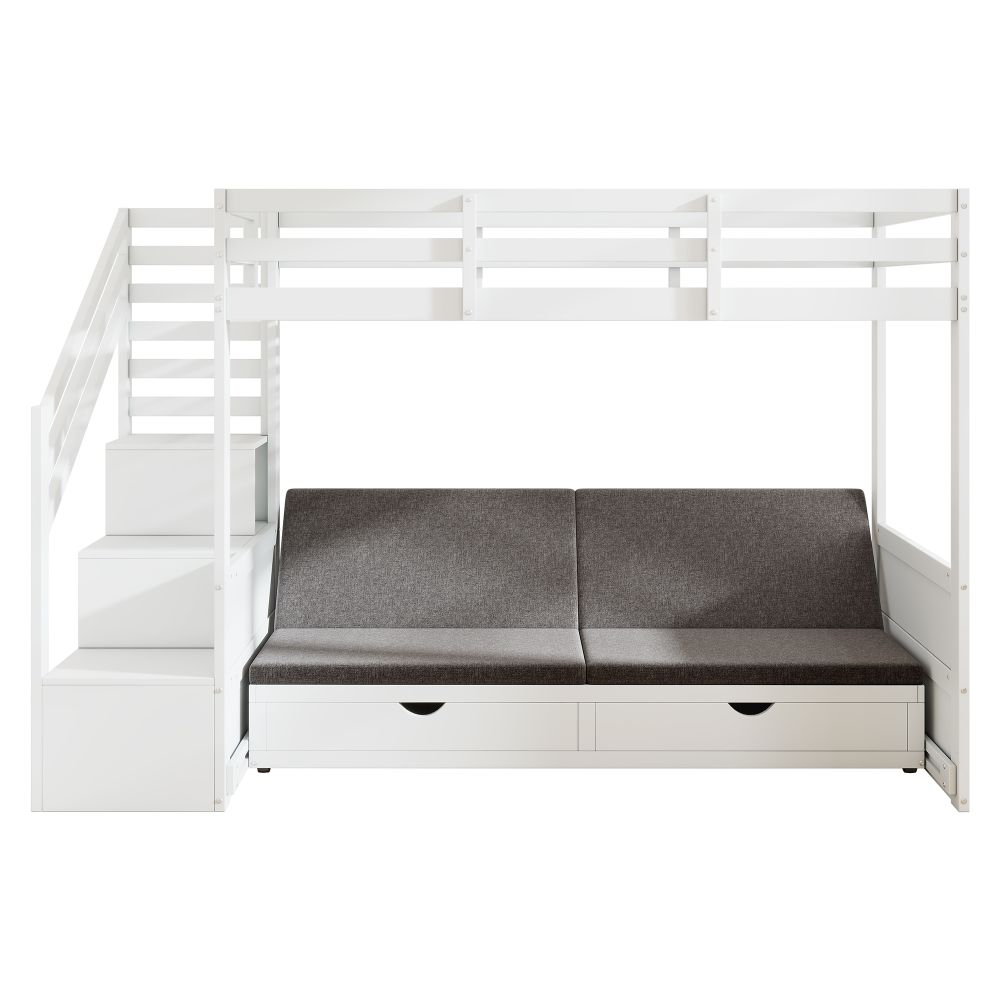Flieks Etagenbett 90x200cm mit Vestellbarem Doppelsofa, Kinderbett Hochbett mit 2 Schubladen, Einzelbett Holzbett Stockbett mit Stauraumtreppe, Weiß