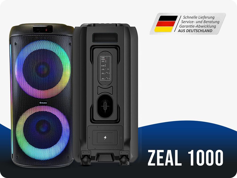 Fontastic Party Lautsprecher Zeal 1000 - Bluetooth Lautsprecher mit USB-Wiedergabe, AUX und MicroSD - Karaoke Box mit Mikrofon (2 Stück)