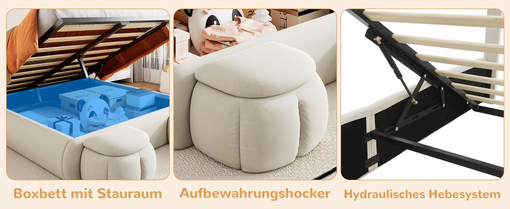 MODFU Kinderbett Polsterbett 140×200 cm mit warmfarbene LED-Licht, Jugendbett Doppelbett mit Kopfteil in Hasenohrenform und zwei Aufbewahrungshockern, Samt(Ohne Matratze), Boxspringbett Hydraulisches mit Bettkasten Stauraum, Samt Beige