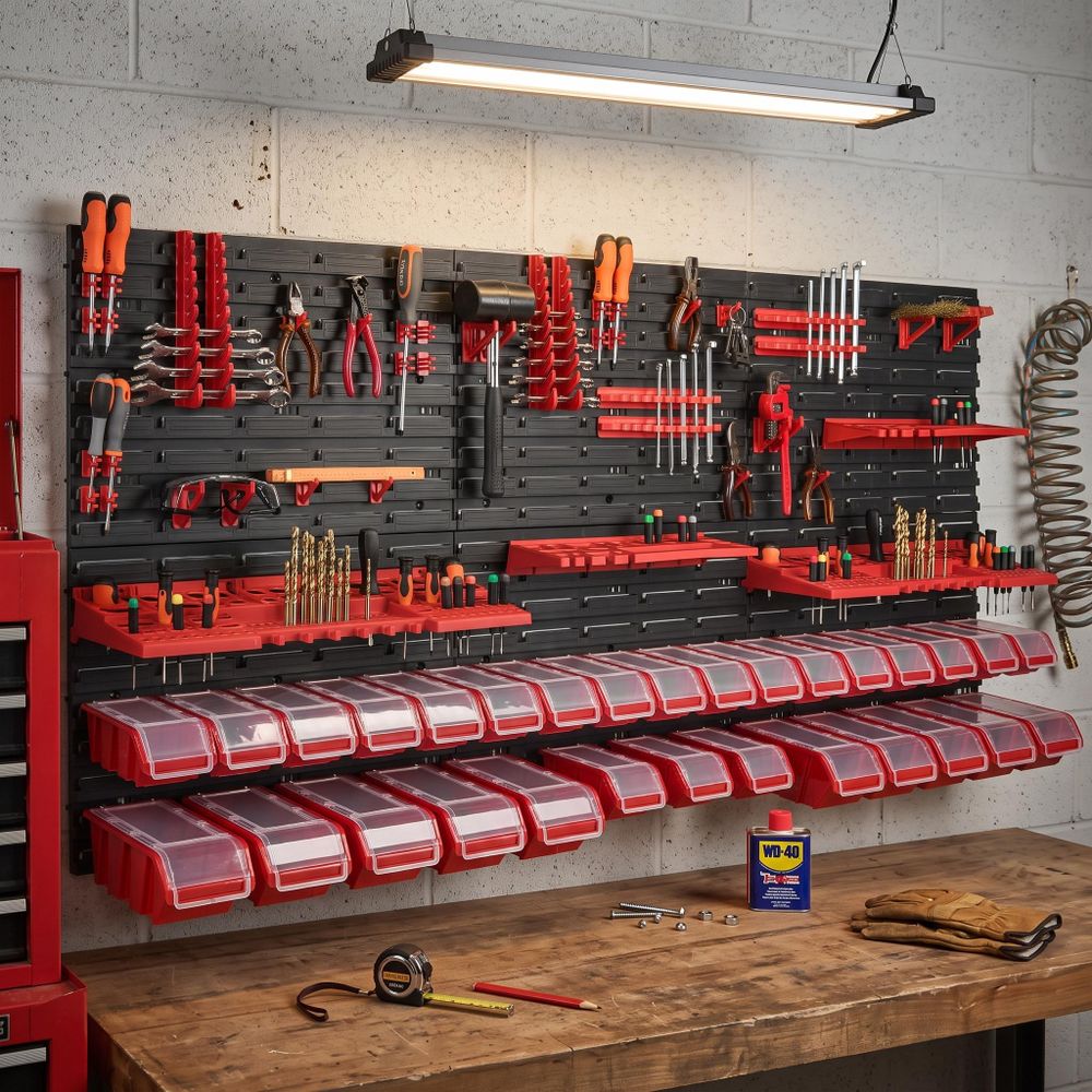 30 Stapelboxen Wandregal Kunststoff Deckel 172 x 78 cm Werkzeughalter Werkstatt Garage Lagersystem Sichtlagerkästen Schütte