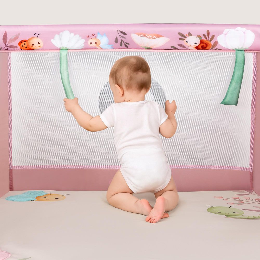 LIONELO Laufgitter Mille Plus bis 15 kg, 6-36 Monate, mit Schaumstoffmatratze, buntem Spielzeugset und praktischer Tragetasche - Rosa