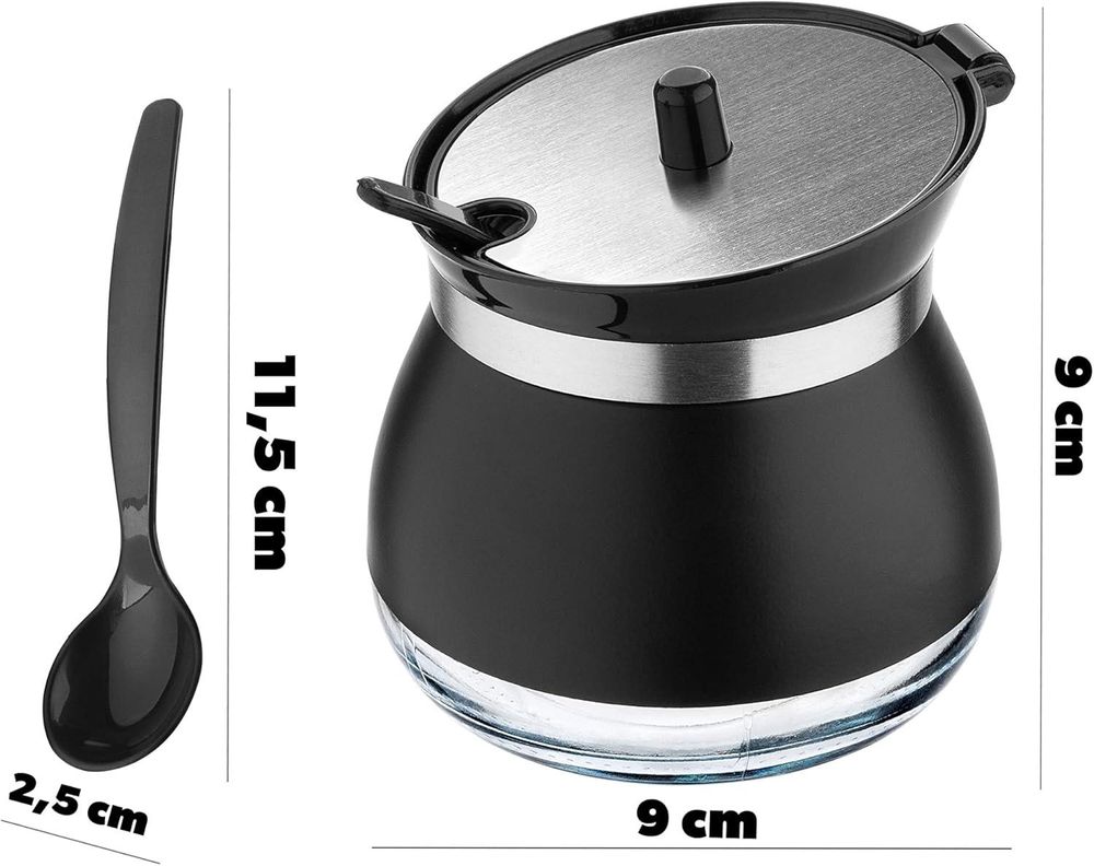 KADAX Zuckerdose "Lerin", Zuckerdosen & Zuckerstreuer, Zuckerschale aus Glas, Zuckerschüssel mit ergonomischem Deckel, Schwarz Glasbehälter für Zucker,