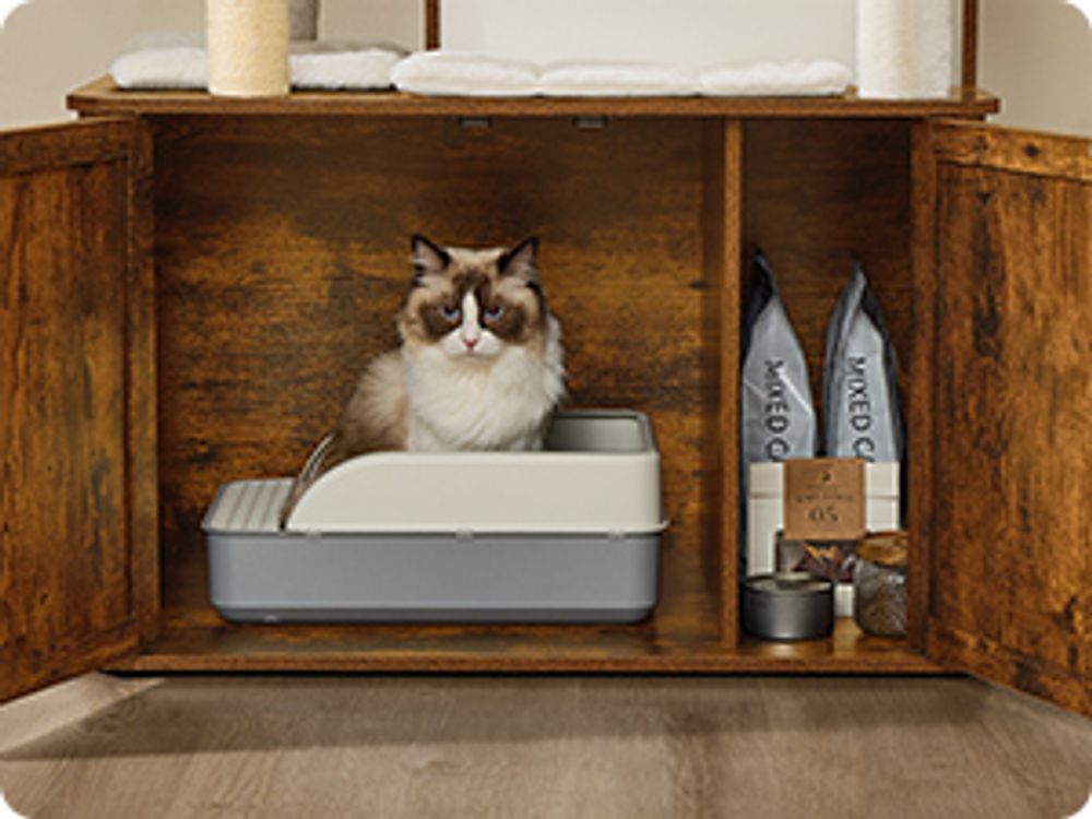 Feandrea Kratzbaum, Katzenklo-Schrank, erhöhte Fressnäpfe, mehrstöckiger Katzenbaum, Kratzstämmen vintagebraun