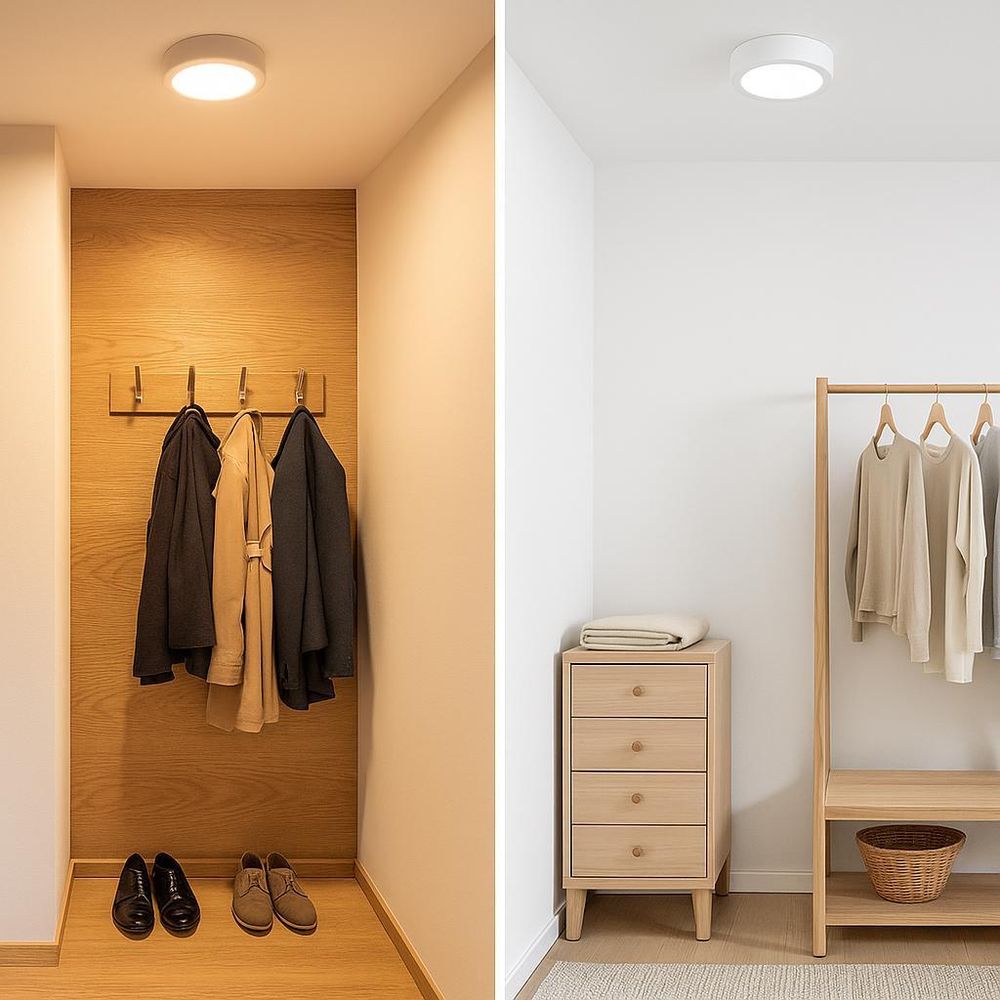 Runde LED-Deckenleuchten in Garderobe und Schlafzimmer mit Möbeln aus hellem Holz installiert.