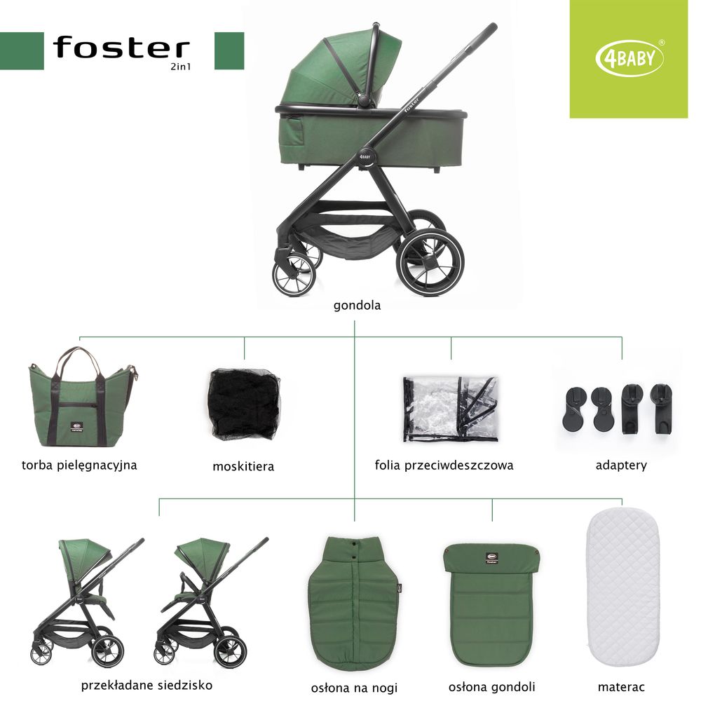 4Baby | Kinderwagen - Kombikinderwagen 2in1 - Grün - Verstellbare Rückenlehne - bis zu 22 kg - mit Babywanne - wendbarer Sitz - Geländereifen - Foster