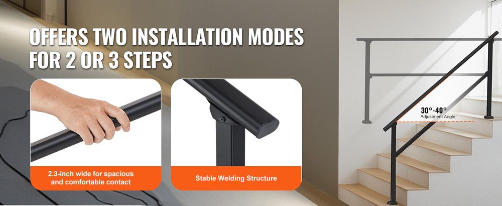 VEVOR Außenhandläufe für 5–6 Stufen, Treppenhandlauf-Set Kohlenstoffstahl-Konstruktion, inkl. Montageset, ideal für Senioren, geeignet für Betonstufen, Veranden und Terrassen, schwarzes quadratisches Design