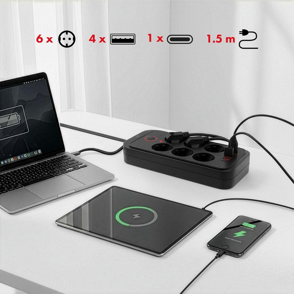Maclean Steckdosenleiste 6-fach Verlängerungskabel + 4xUSB 110-240V AC 50/60Hz 2,1A max 2500W 1,5 m schwarz MCE389 B