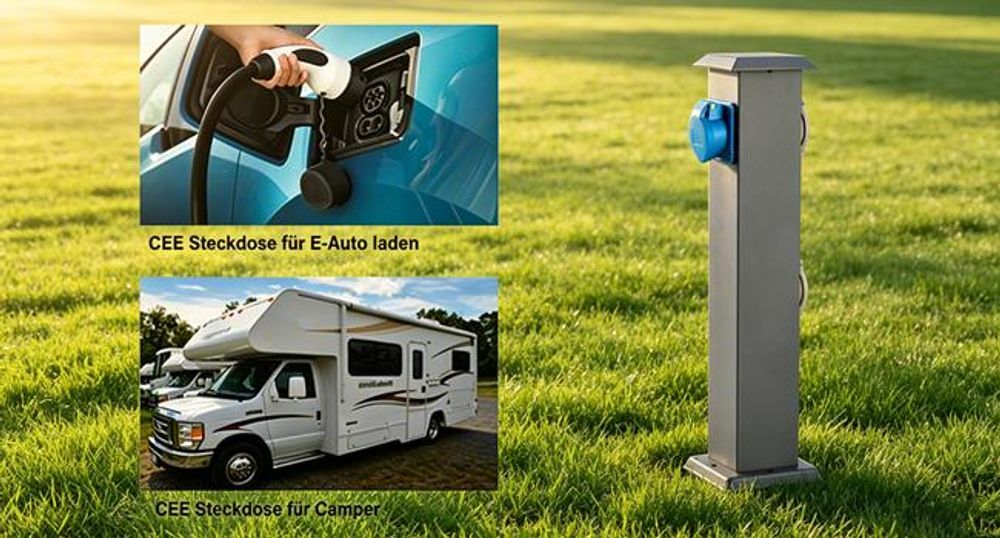 Garten Steckdosensäule Edelstahl IP44, zum Laden von E-Autos, 2x 230V 16A Steckdosen +1x CEE 400V 16A 5-polig, Höhe 50cm, Anthrazit