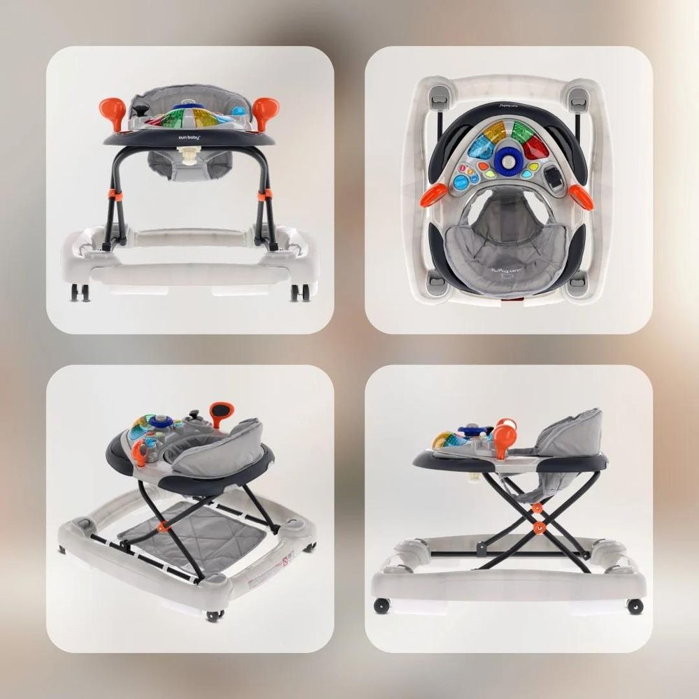 Vistas del andador SUN BABY Grand Prix desde diferentes ángulos y plegado.