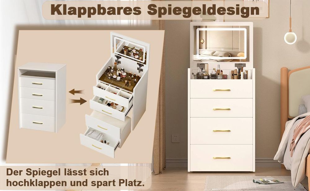 okwish 3-in-1 Schminktisch mit aufklappbarer Spiegel und Hocker,Kosmetiktisch mit 3 Schubladen,Schminkkommode,Viel Stauraum,Weiß