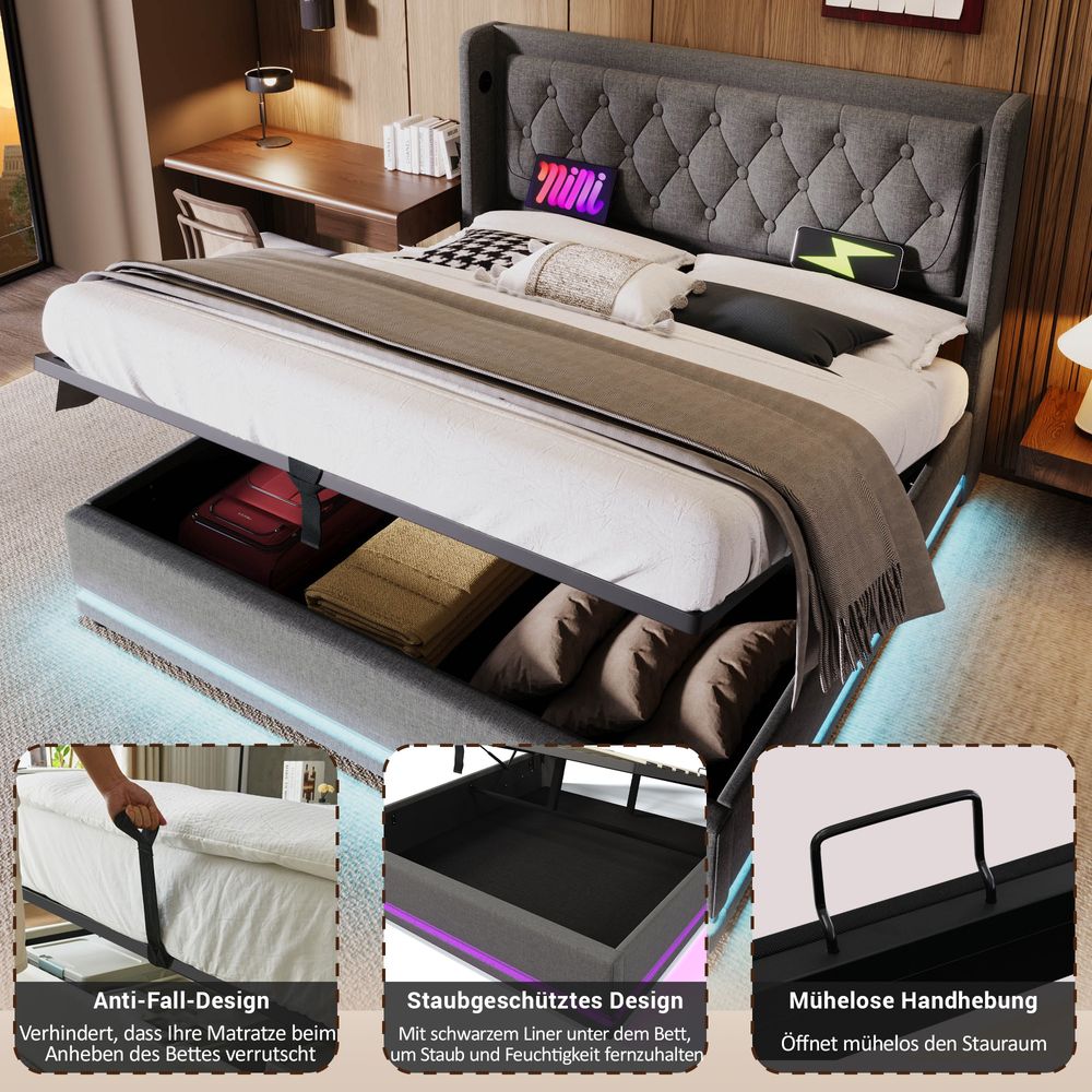 Flieks Polsterbett 140x200cm mit USB & Typ-C, Doppelbett Jugendbett mit LED, Hydraulisches Stauraumbett Boxspringbett mit Lattenrost, Baumwolle, Grau