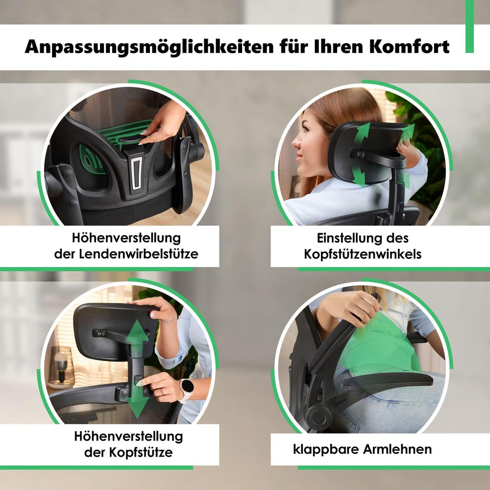 di volio Bürostuhl Praso, ergonomischer Schreibtischstuhl mit mehreren Einstelloptionen - Höhe, verstellbare Kopf- und Lordosenstütze, max. 150 kg