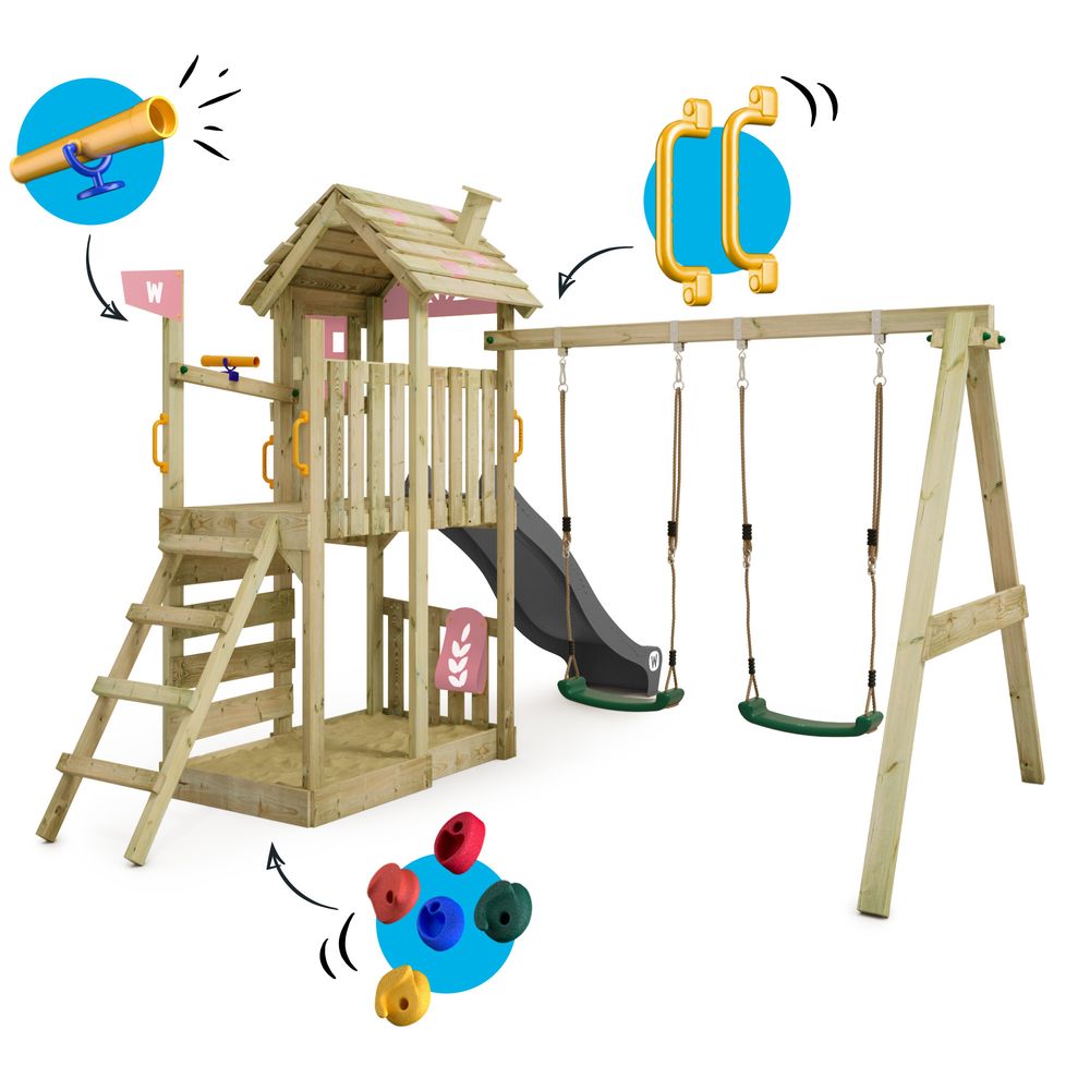 Spielturm Wickey FarmFlyer mit Rutsche im Bauernhofdesign in Hellrosa