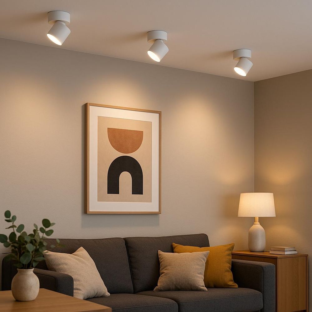 Weiße Deckenleuchte mit schwenkbarem Spot, installiert über neutraler Wand mit Leinwand.