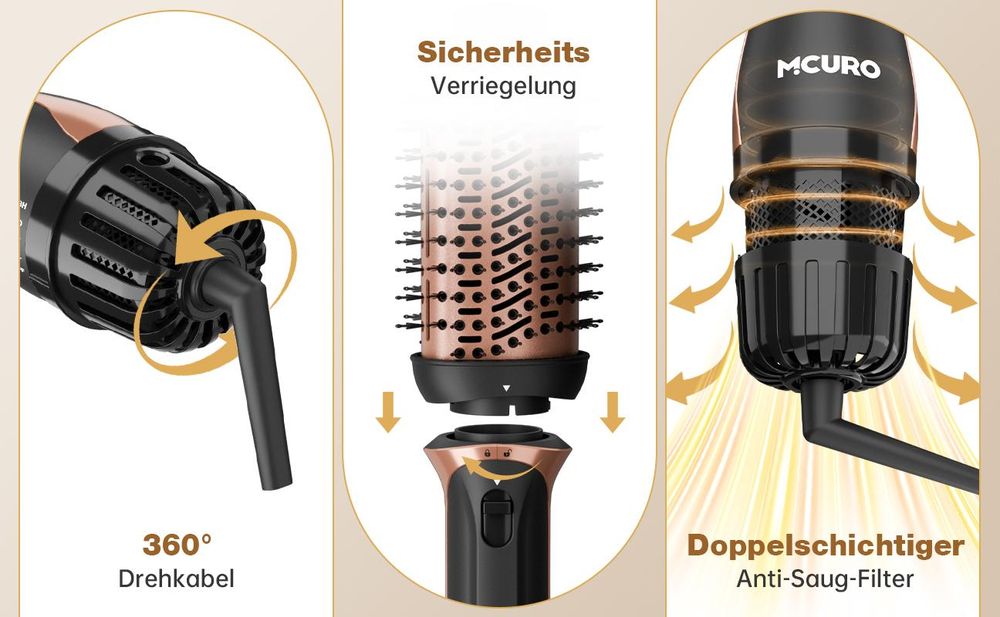 MCURO 5-in-1 Heißluftbürste Föhnbürste mit 6 Aufsätzen – Locken, Glätten, Volumen & Trocknen – 1200W Keramikbeschichtung, Ionen-Technologie, 5 Temperatur- & Luftstufen