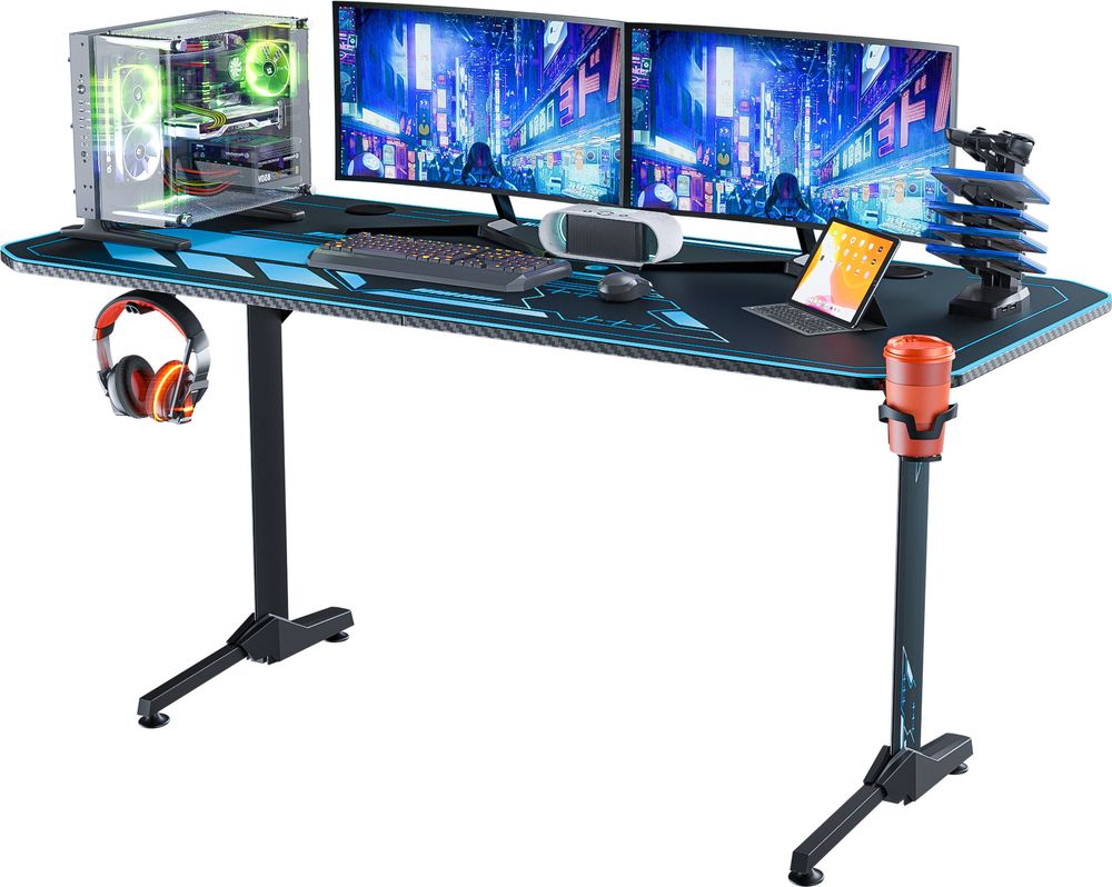 Gaming Tisch 160cm, ergonomischer T-Form Computertisch mit großer Mauspad, Schreibtisch Holz 160x75x75cm, mit Becherhalter, Kopfhörerhaken, Gaming Griffgestell, Kabelführungslöcher