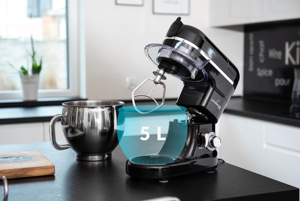 LEHMANN Impastatrice Planetaria Multifunzione con tritacarne e frullatore a caraffa, Ciotola 5L, set di accessori, Nero