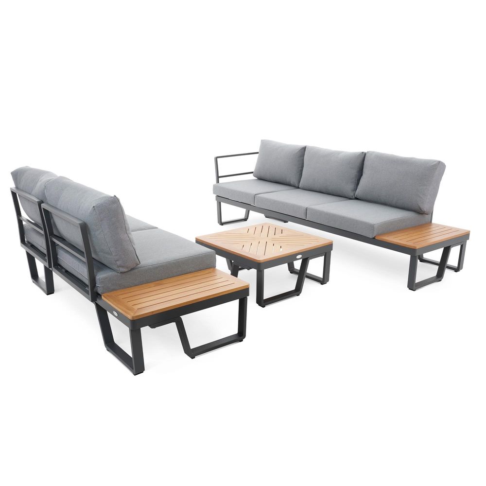 di volio Gartenmöbel Set Veledo, Garten Möbel für Outdoor - wetterfest & bequem, aus Aluminium und Holz, 2-Sitzer & 3-Sitzer Sofa und Couchtisch