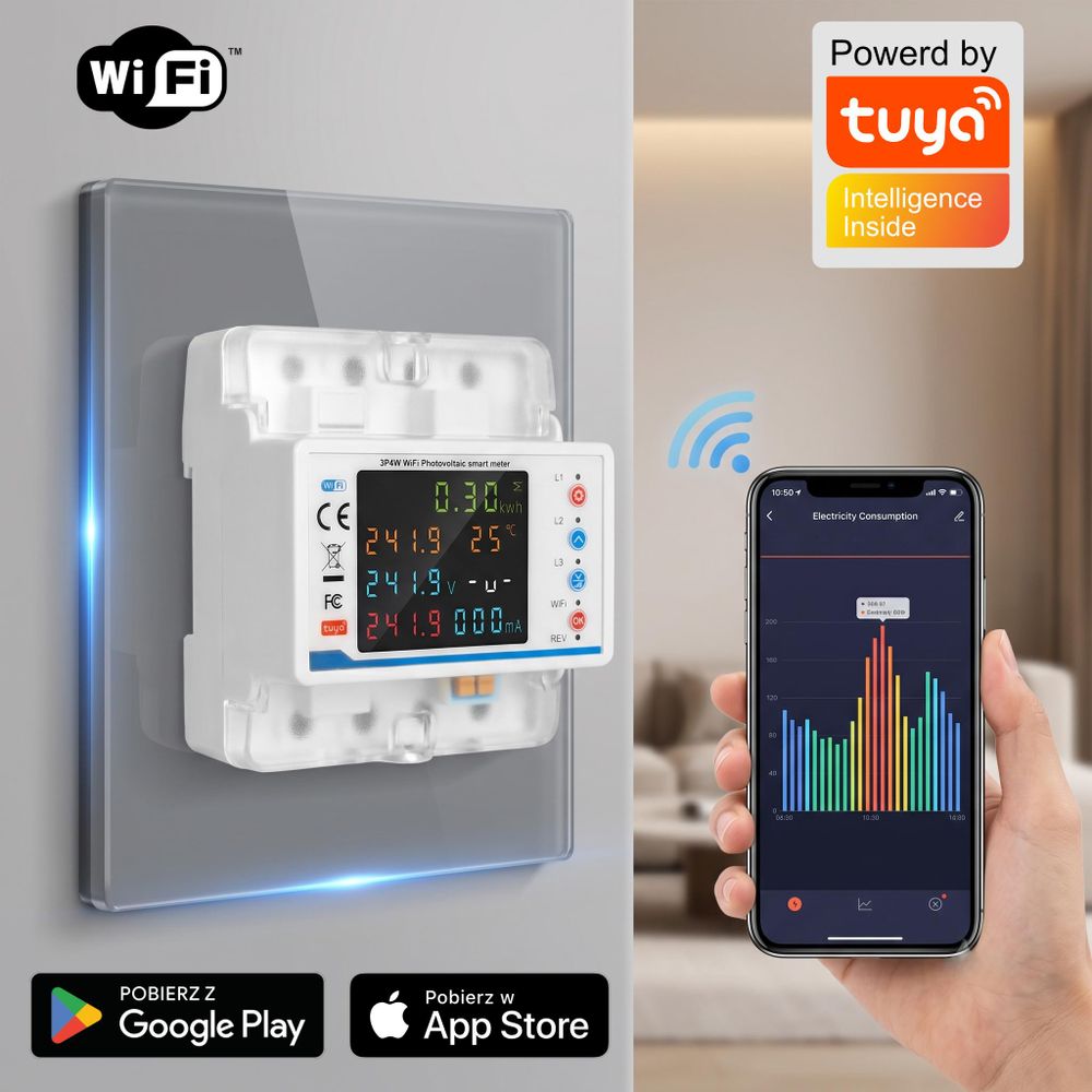 Licznik Energii Elektrycznej WiFi do Fotowoltaiki 100A Tuya 3-Fazowy RCD