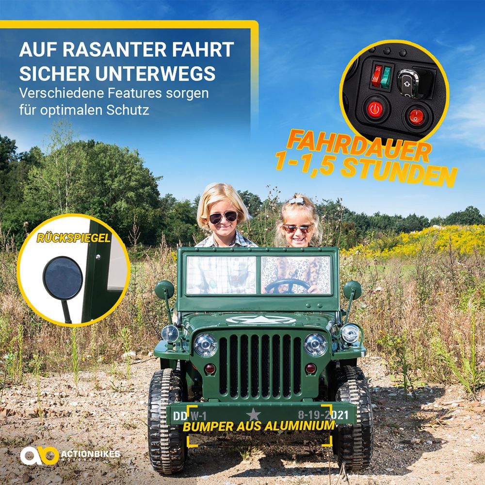 Actionbikes Motors Kinder Elektro Auto Jeep Willys | 3 Gurte - Allrad Antrieb - Dreisitzer - Fernbedienung - Federung - LED - Hupe - Geländefahrzeug