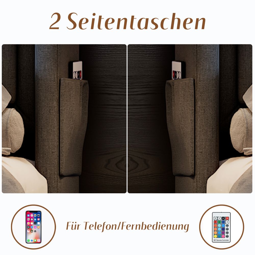 Flieks Polsterbett 140x200cm mit 4 Schubladen, Stauraumbett Doppelbett mit Ladefunktion, Jugendbett Holzbett mit LED, Funktionsbett Baumwolle, Grau