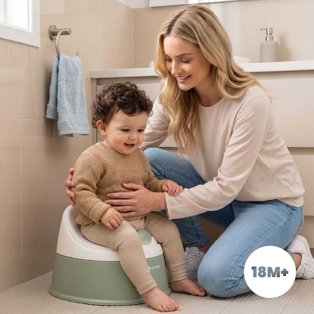 Madre y niño usando el orinal SUN BABY, indicado para mayores de 18 meses.