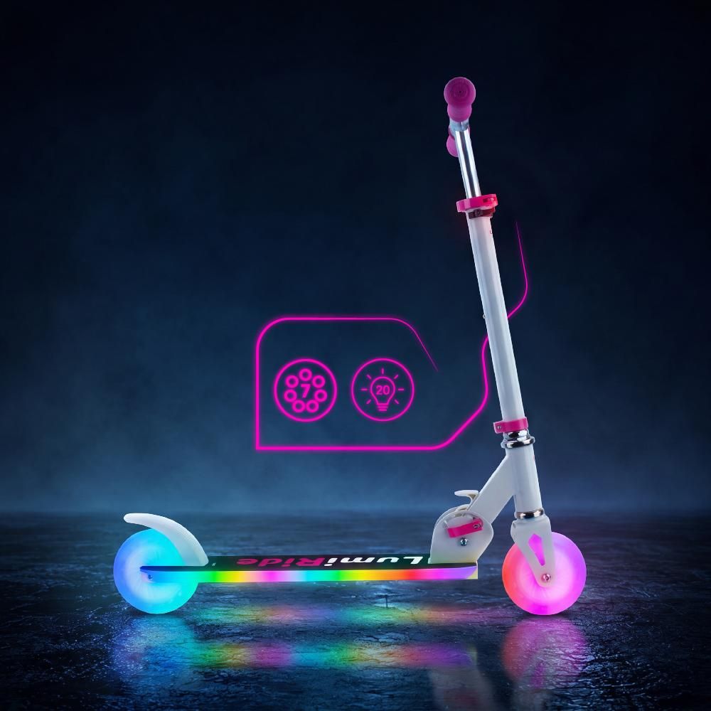 Sun Baby Lumiride Tretroller seitlich mit leuchtenden Rädern und LED-Programmen.