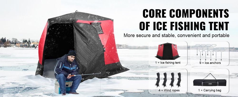 VEVOR Tragbarer Eisunterstand, isoliertes Pop-Up-Zelt zum Eisfischen für 6–8 Personen, 46,6 Quadratmeter befischbare Fläche, thermische Eishütte zum Winterfischen, Eiswürfel, 330 x 330 cm