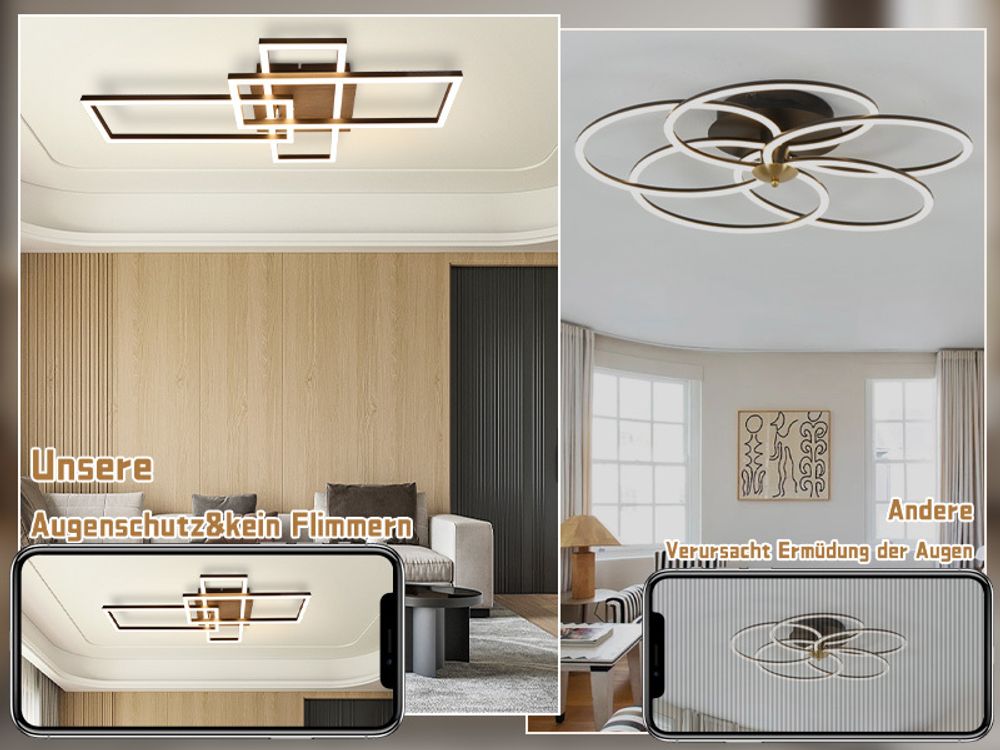 ZMH LED Deckenleuchte Deckenlampe Wohnzimmer 3000K Holz Schwarz Wohnzimmerlampe Modern Schlafzimmerlampe Design Decke Lampe 32W Warmweiß Flurlampe