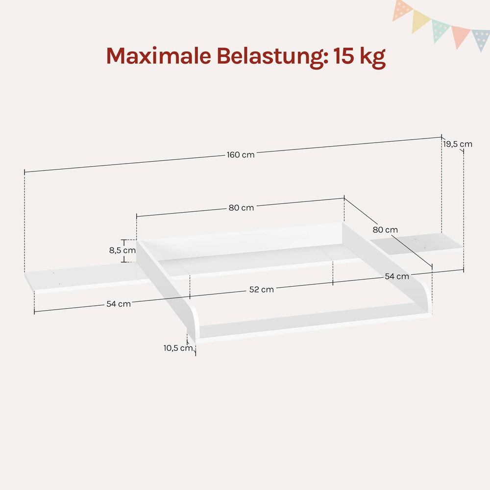 WOLTU Wickelaufsatz, Wickeltischaufsatz universal für Kommode (Tiefe: 47-50 cm), mit Schutzrand, aus MDF, 160 x 10 x 80 cm, Weiß (80 x 80 cm für Baby)