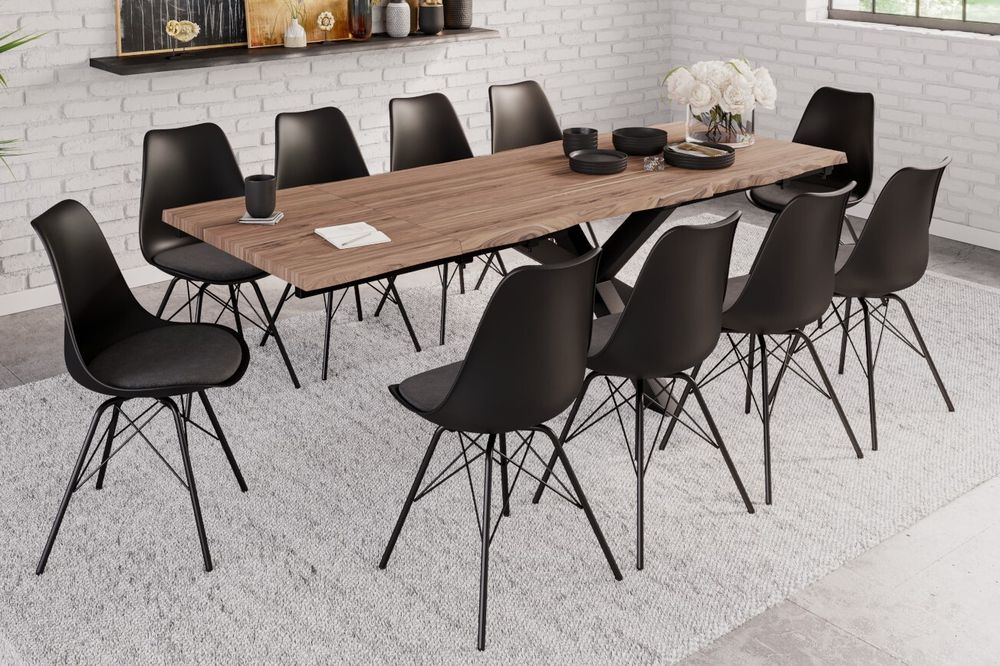 Baumkantentisch Akazie stonefarben 160 (260) x 90 cm Ansteckplatten Spider-Gestell schwarz JANOSH