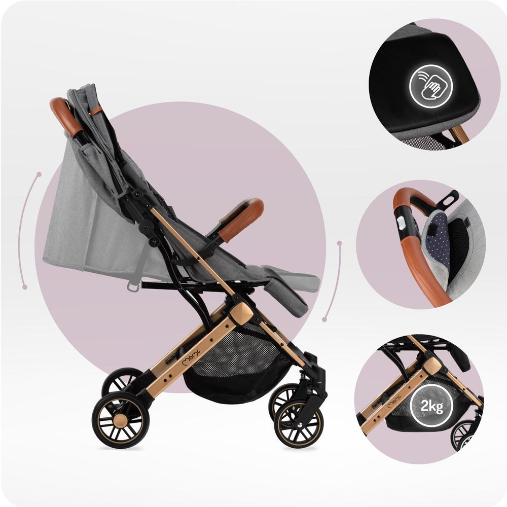 MoMi ESTELLE – Ultraleichter Baby Kompaktbuggy 7,7 kg mit Einhand-Faltung, Trolley-Funktion & Liegeposition, ideal für Reisen – Grau/Gold