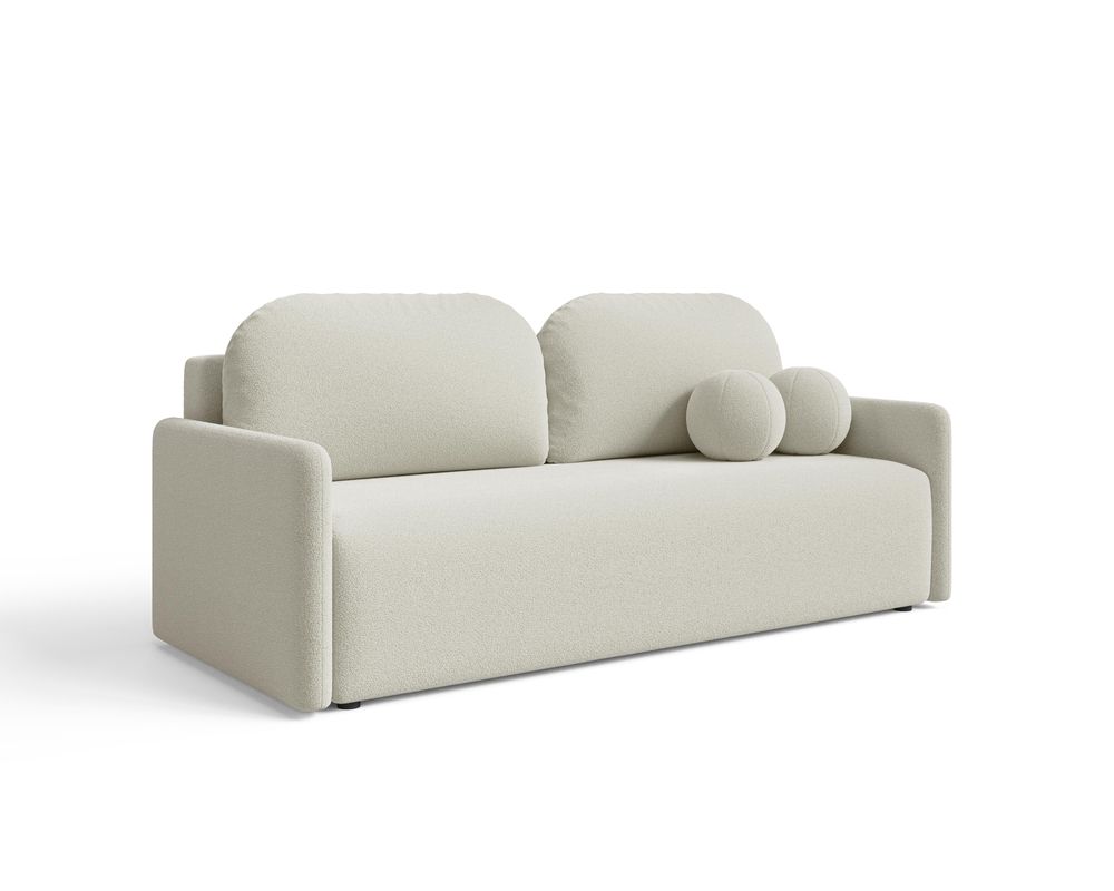 DEKORI Skandinavisches Sofa MALVA – 3-Sitzer Stoffsofa mit runden Kissen - QUELLE 02 (Cremeweiß)