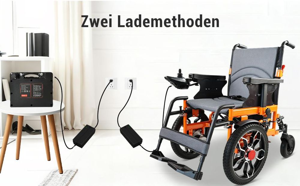 Elektrorollstuhl faltbar für Erwachsene und Senioren, 500W, 20 km Reichweite, 24V 12Ah Lithium-Akku, Joystick, bis 150 kg, mobiler E-Rollstuhl Orange