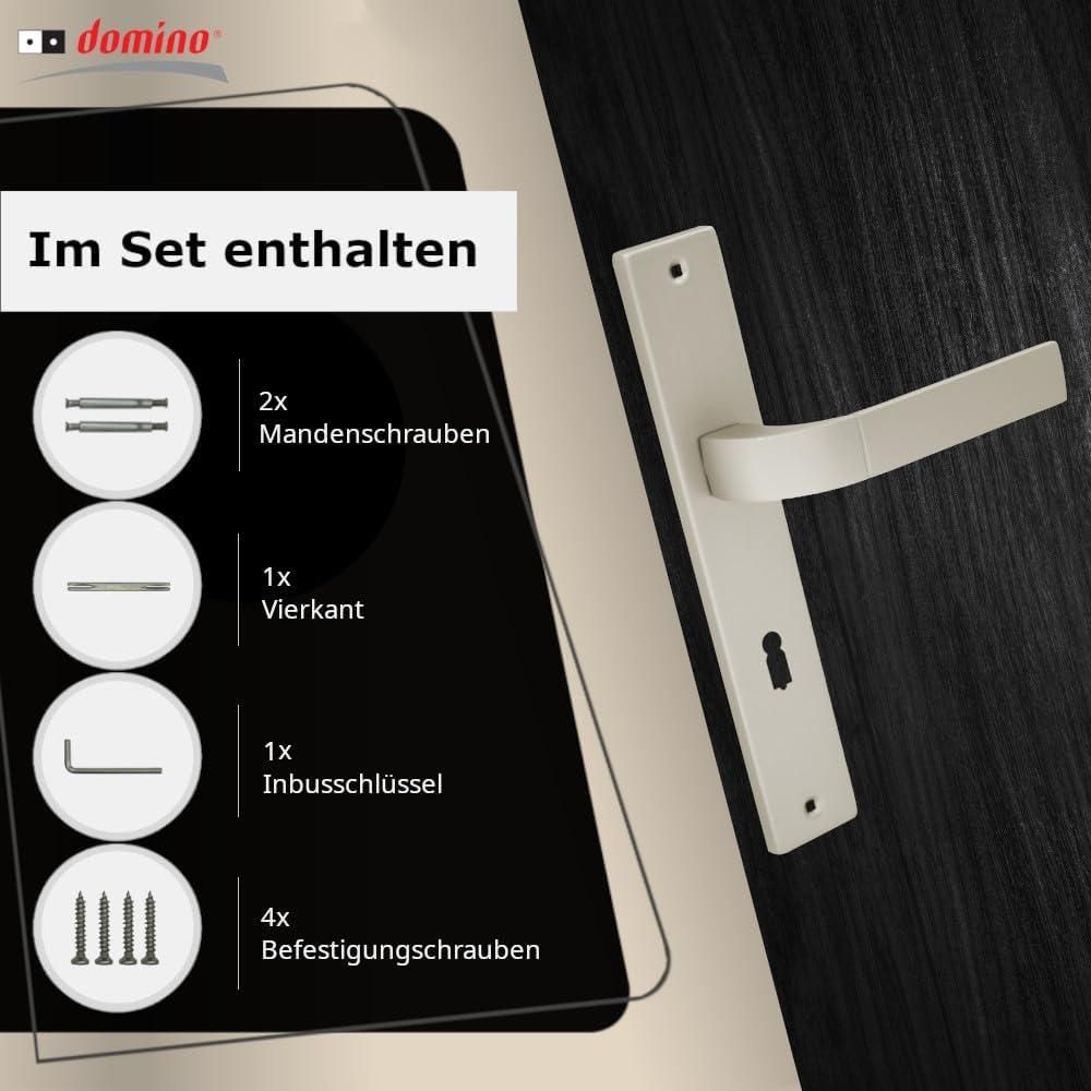 DOMINO Türgriff 72 Drückergarnitur BB-Buntbart Set | Langschildgarnitur | Türklinke für Zimmertür, Bürotür, Kellertür & Innentür | L-Form | Türbeschläge aus Aluminiuml | Satin Nickel Velvet Türdrückergarnitur |  FOKUS M91