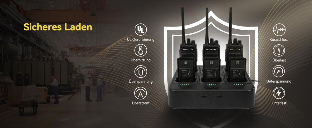 Retevis RT617 Funkgeräte Set, 6 Wege Lade Walkie Talkie, Herausnehmbarer Steckplatz, Ladekontrollleuchte, VOX, PMR Walki Talki für Kirche, Hersteller