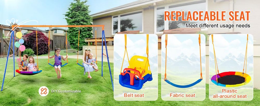 VEVOR Schaukeln für den Garten, 200 kg Tragfähigkeit Schaukelsystem, 40" Teller-Schaukel mit robustem A-Rahmen aus Metall und verstellbarem Seil, einfach zu montieren, Außenschaukel für Kinder, 3-Personen-Sitz